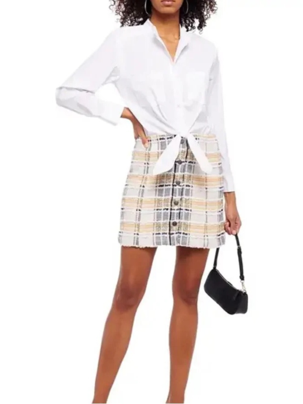 Plaid Tweed Button-Front Mini Skirt in Beige & White